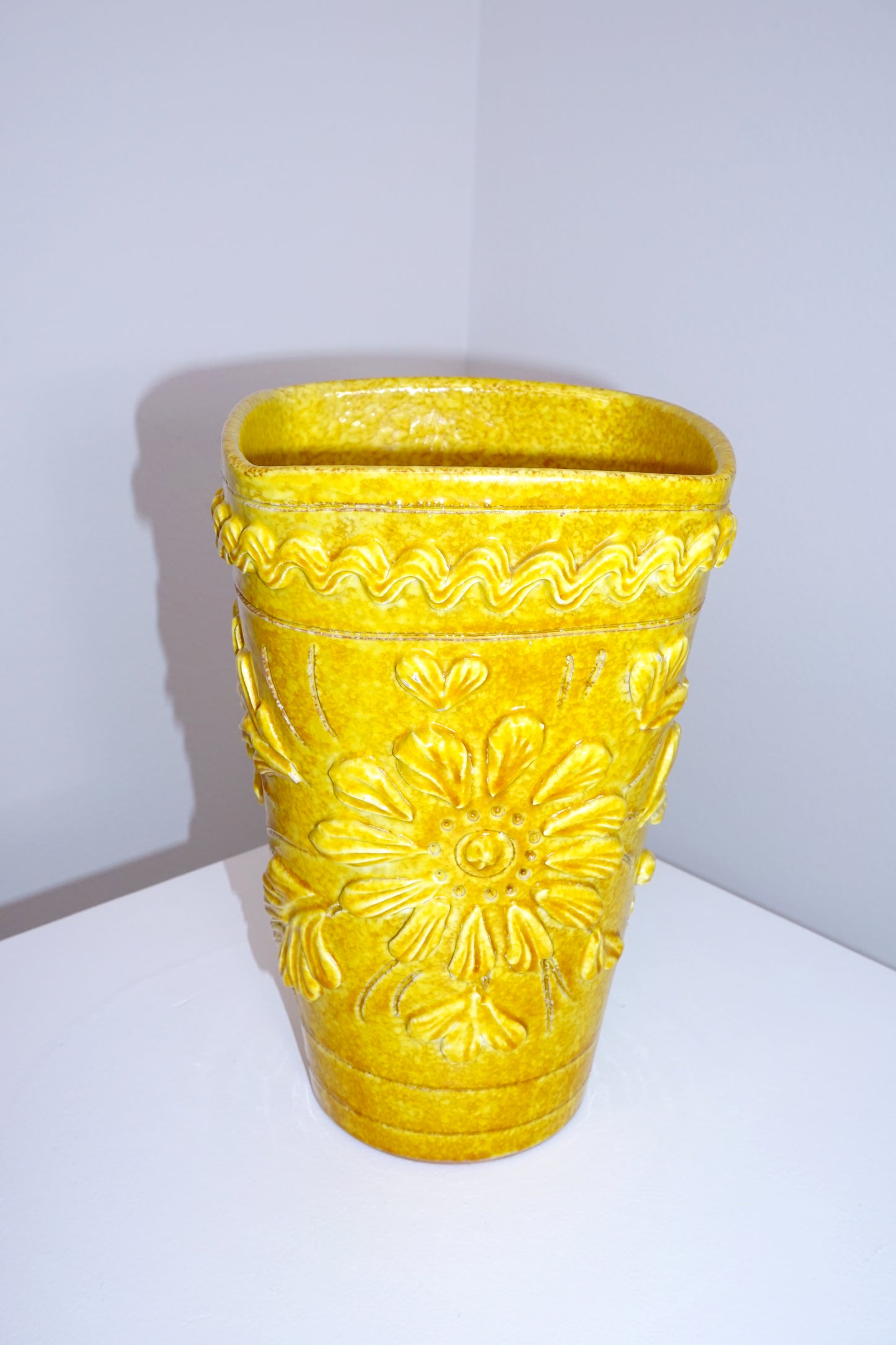 [1960s, Italy] Yellow Stoneware Vase with Embossed Flower Design