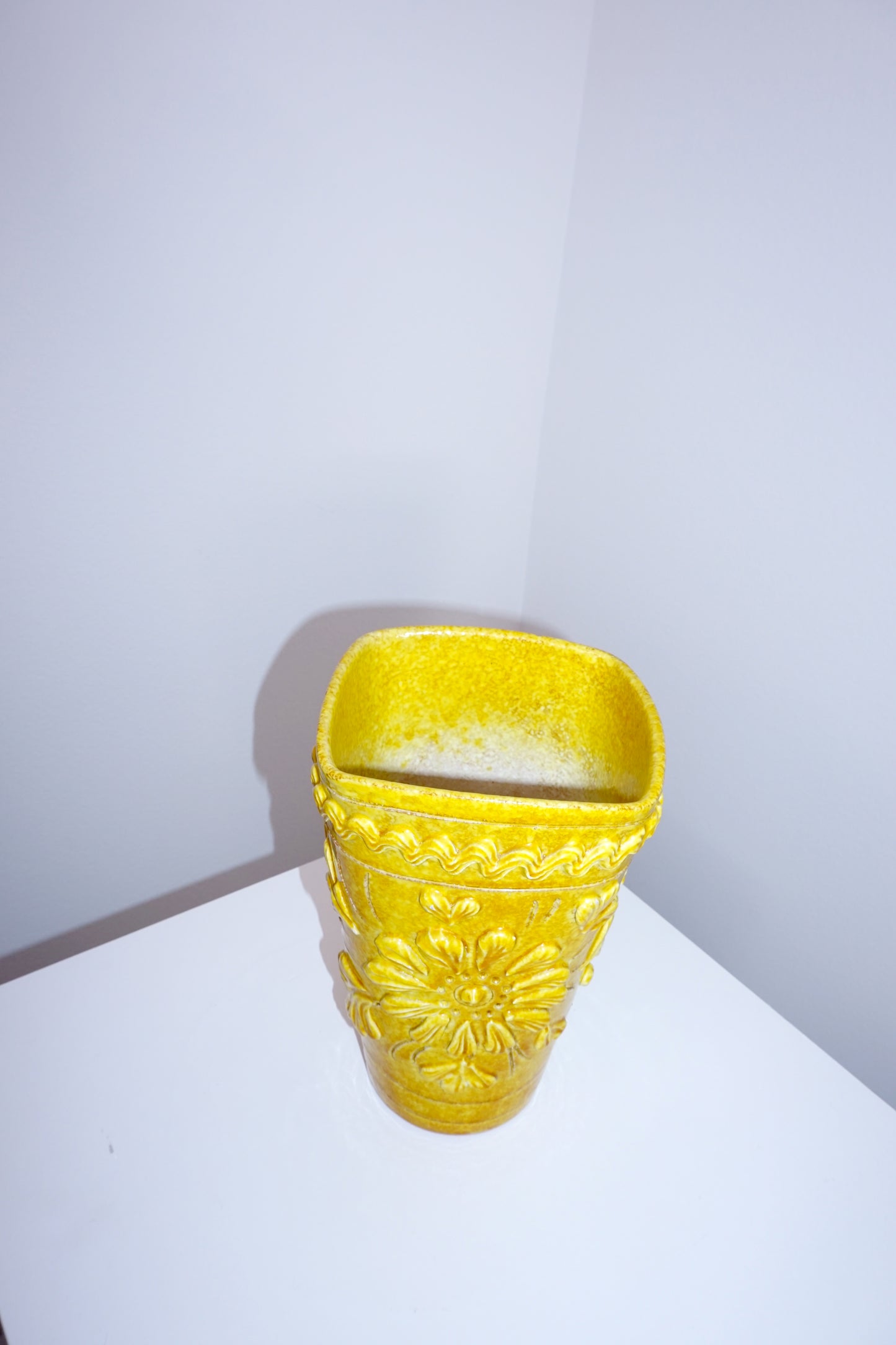 [1960s, Italy] Yellow Stoneware Vase with Embossed Flower Design