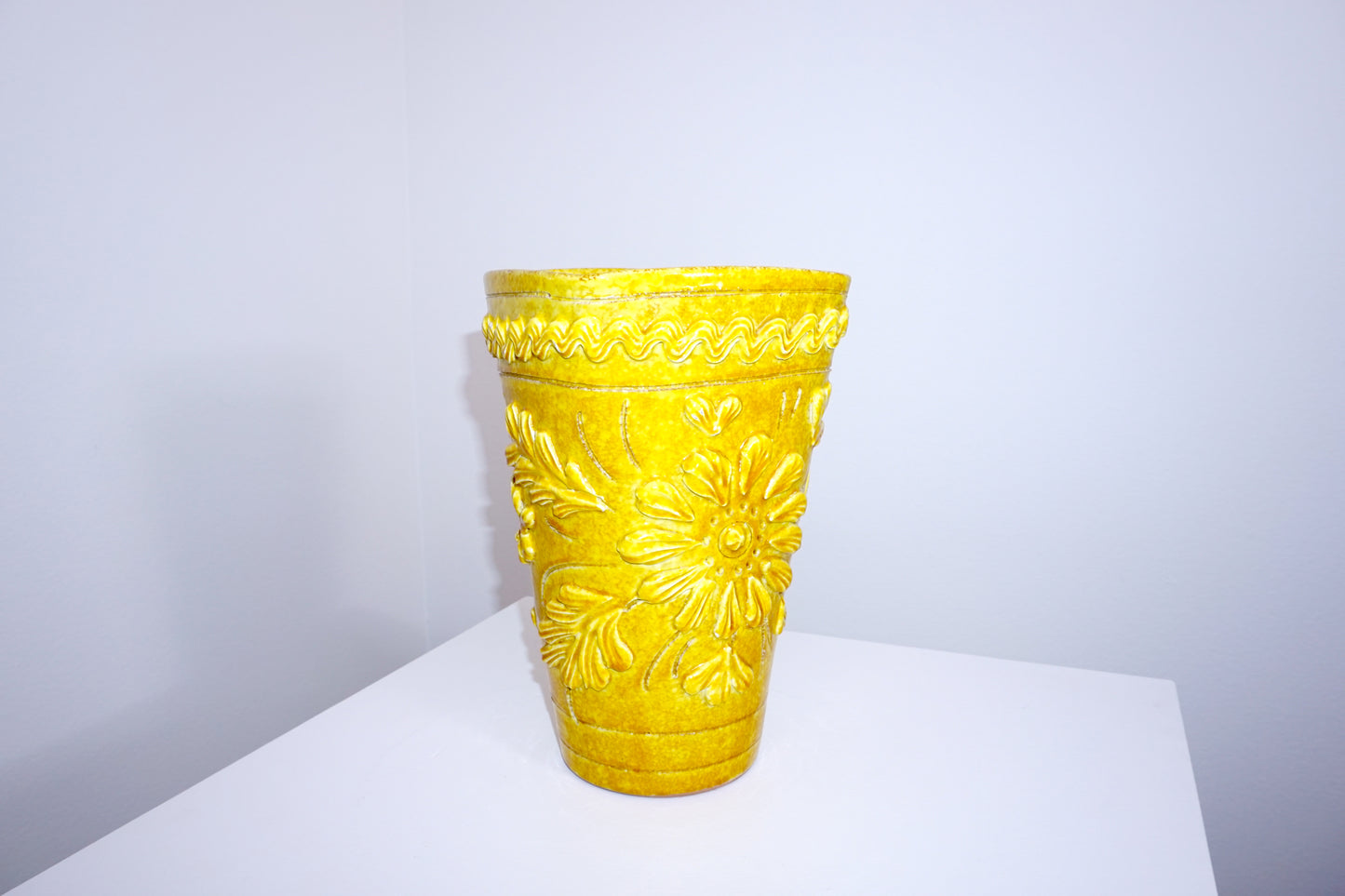 [1960s, Italy] Yellow Stoneware Vase with Embossed Flower Design