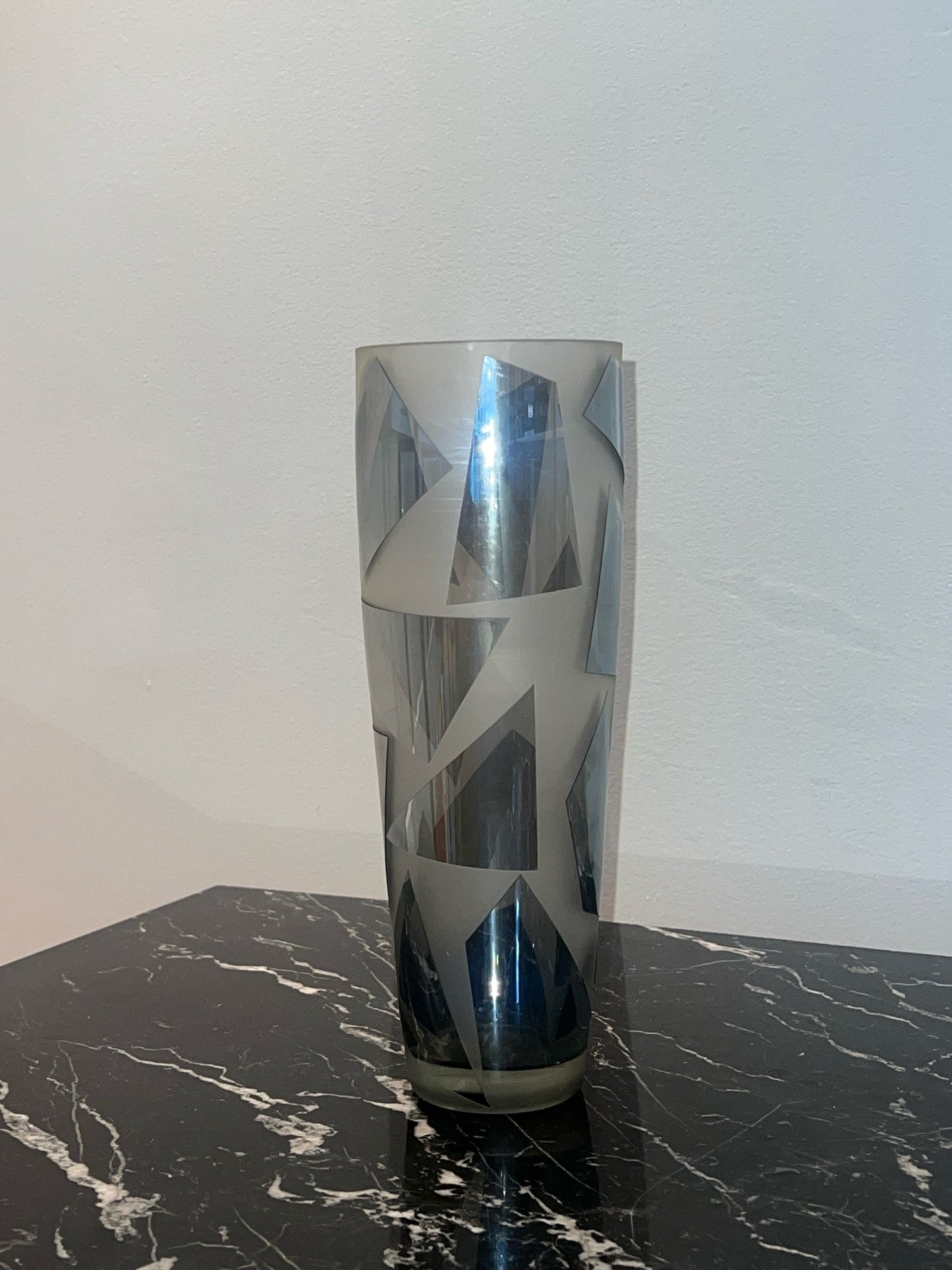 [Early 1980s] Vintage Frosted Glass Vase with Abstract Foil Design